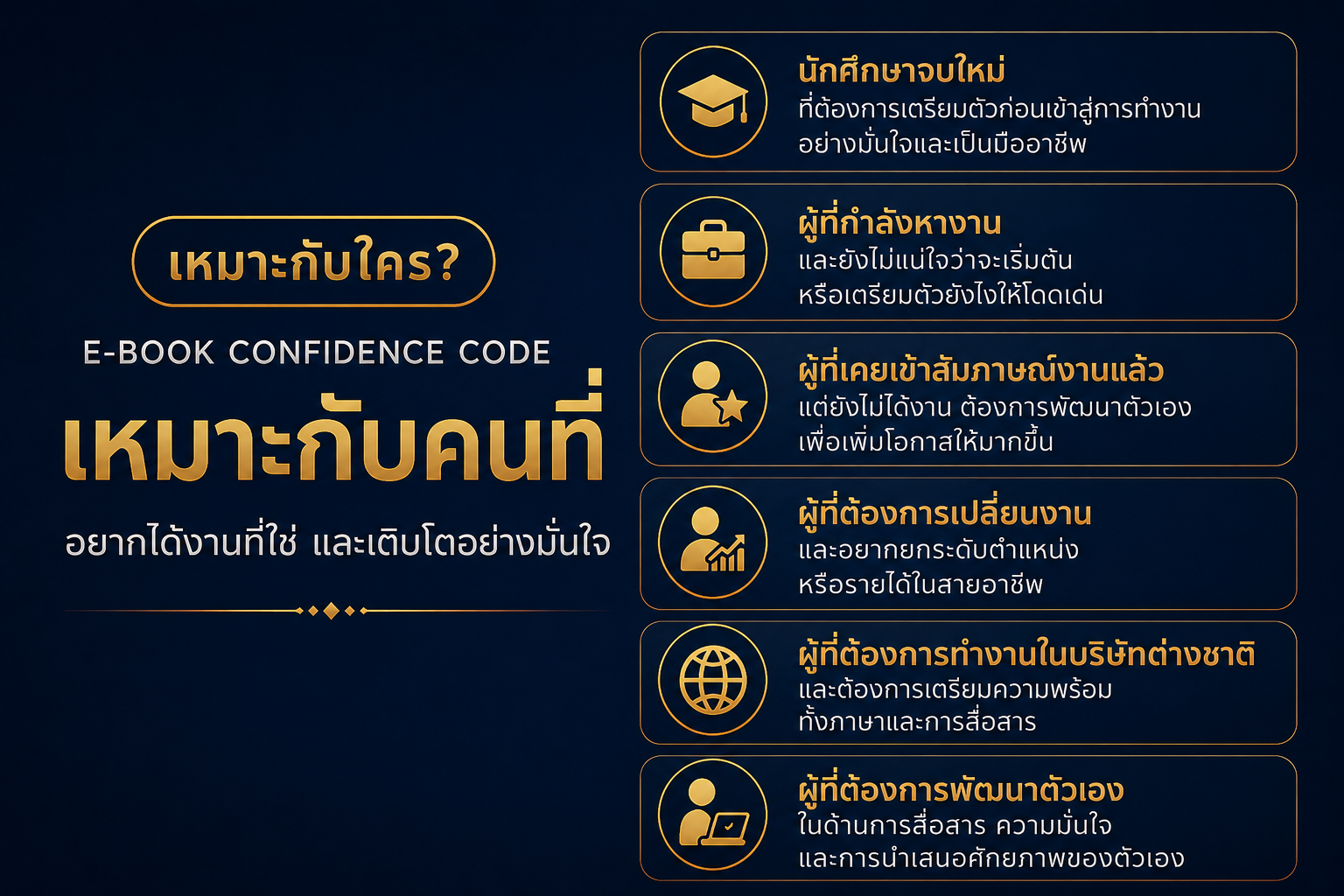 E-Book นี้เหมาะกับใคร? ผู้สมัครงาน นักศึกษาจบใหม่ หรือผู้ที่ต้องการเพิ่มความมั่นใจในการสัมภาษณ์